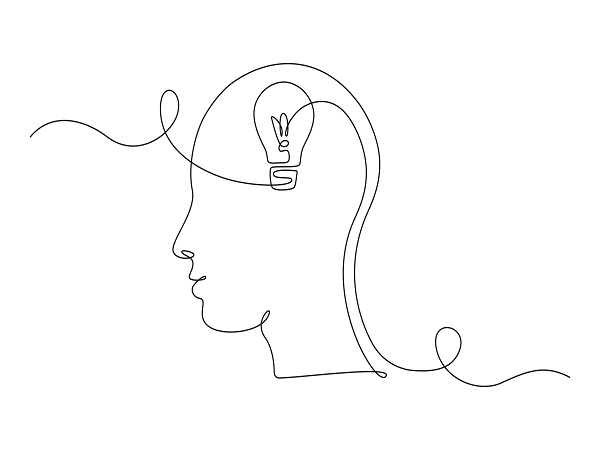 Lightbulb in head in One single Line drawing for logo, emblem, web banner, presentation. Simple creative idea and imagine concept. Vector illustration